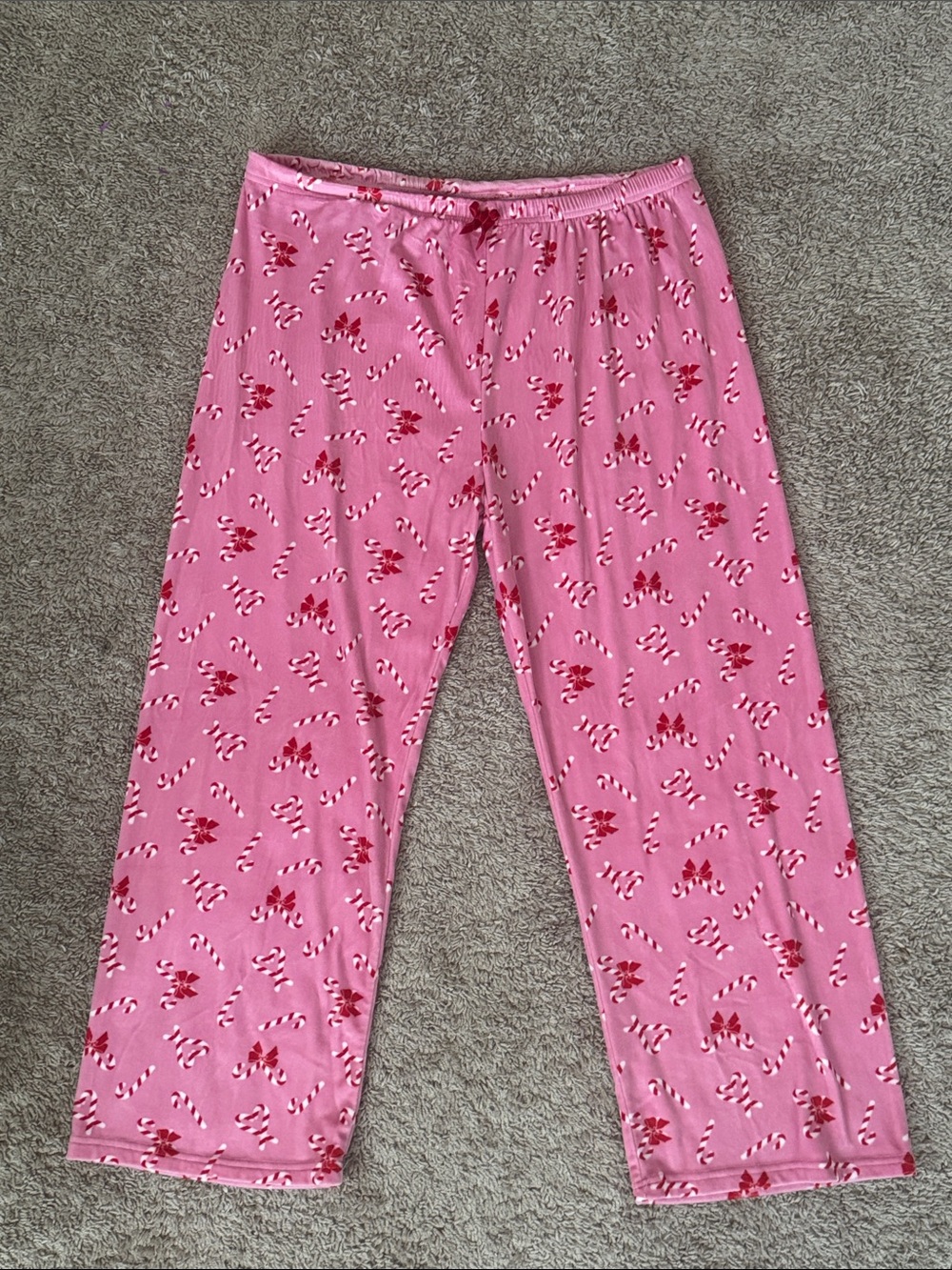 Women’s Pink Candy Cane and Bow Print Lounge Pajama Pants - Pink Red and White